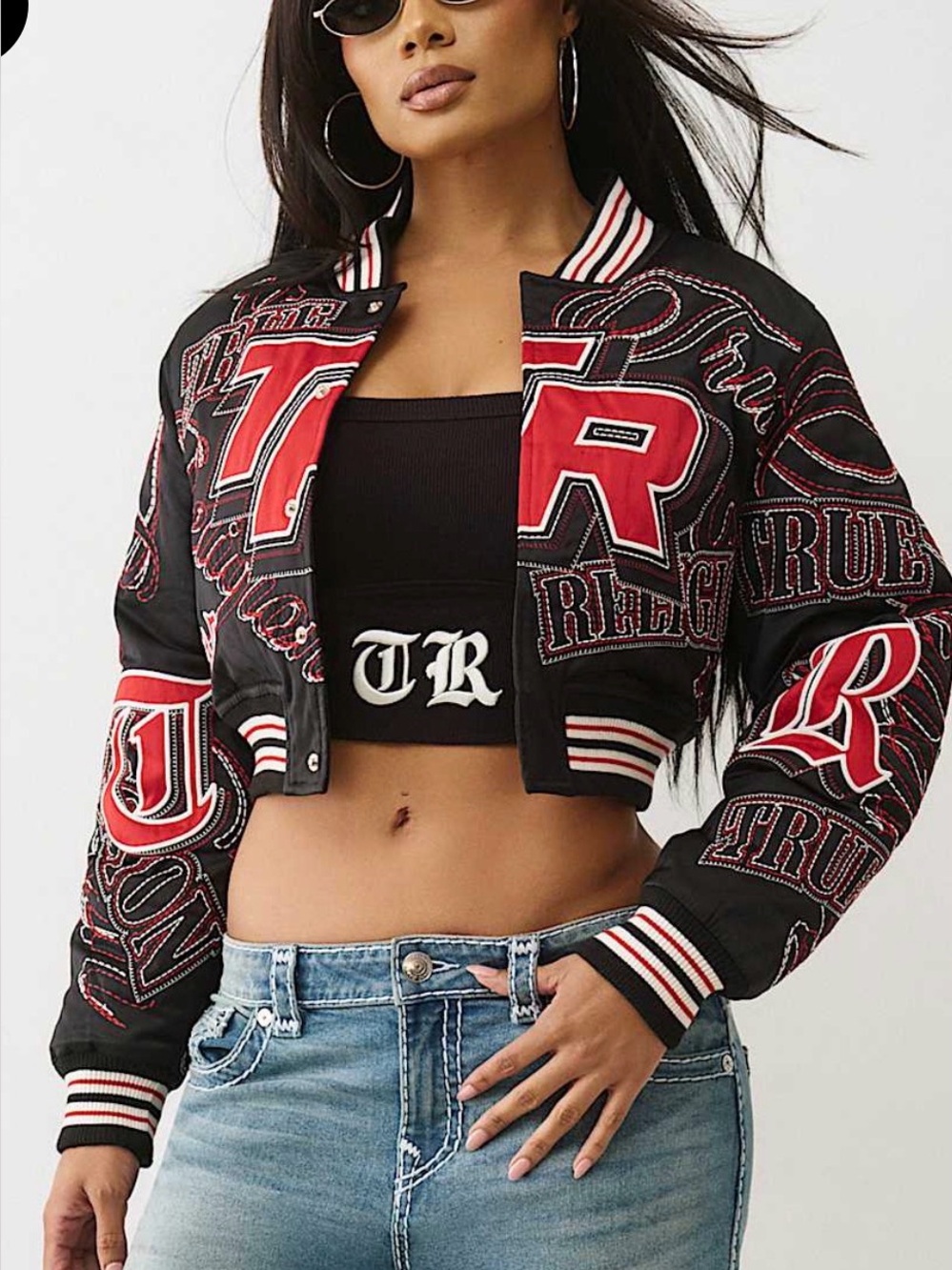 NWOT Cropped Embroidered Black & Red Varsity Bomber Jacket by True Religion